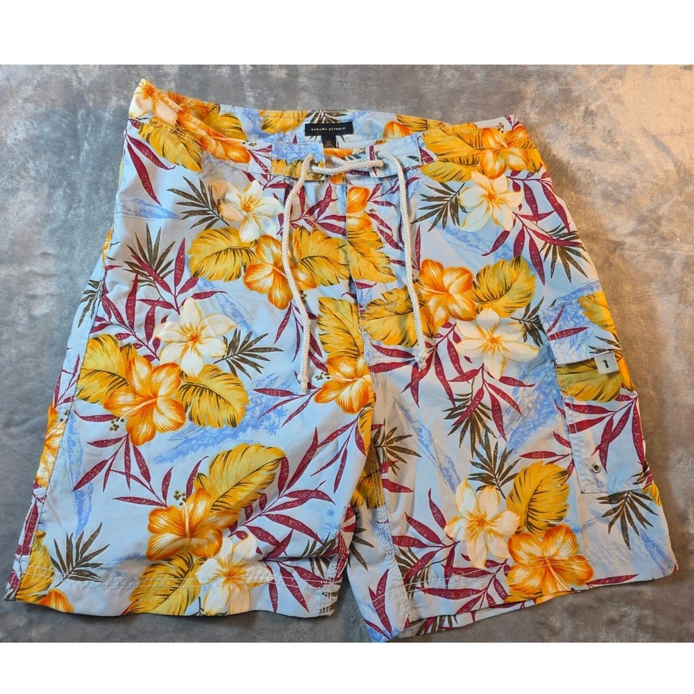 Banana‎ Republic Board Shorts Mens 35 Blue Tropical Floral Hibiscus Swim Trunks
